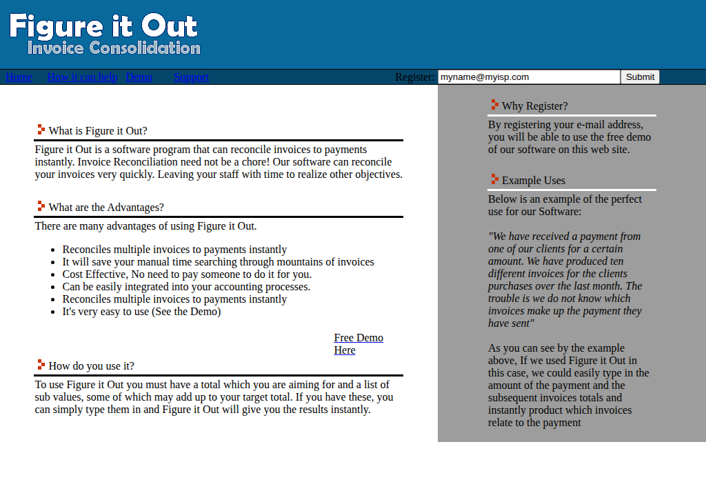 The Figure it Out website in 2007: a blue header reading 'Figure it Out — Invoice Consolidation', a nav bar, and two columns explaining what the software does and giving a worked example of a client payment covering unknown invoices