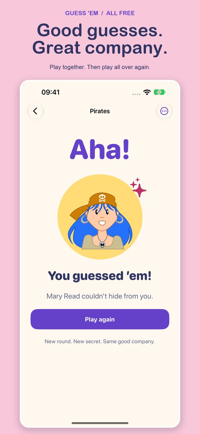 Guess'em rebuilt: the end-of-round screen confirming a correct final guess