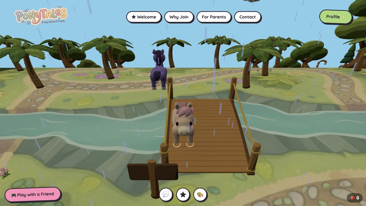 PonyTales running in a browser: a pony stands on a wooden jetty in the rainforest biome, rain falling, a second pony on the bank behind, the ground curving away to the horizon