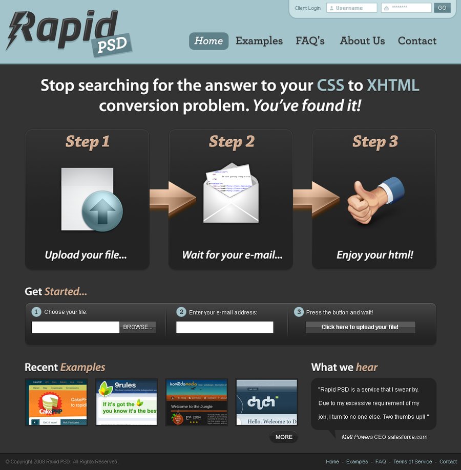 The Rapid PSD homepage in 2008: a dark layout with the three steps — upload your file, wait for your e-mail, enjoy your html — above a form for choosing a file and entering an email address