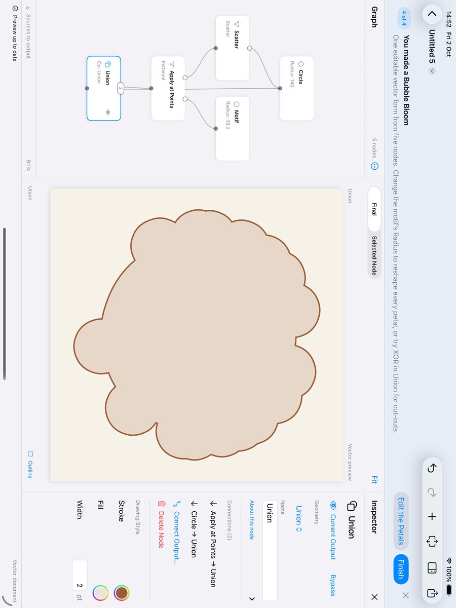 VectorFlow on iPad: the Bubble Bloom walkthrough, taking a circle through scattering and instancing